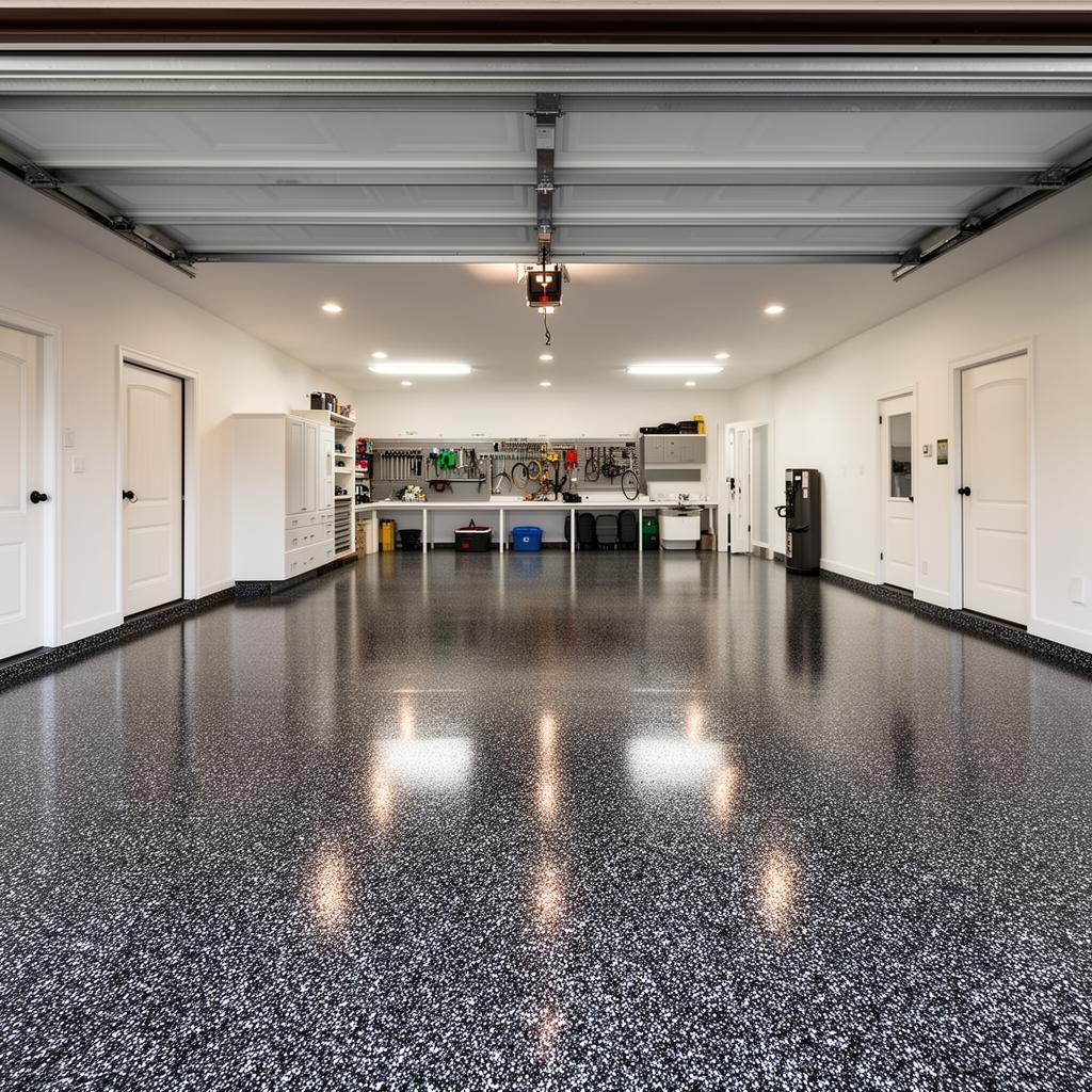 Neutral flake finish on a concrete garage floor used for vehicle parking